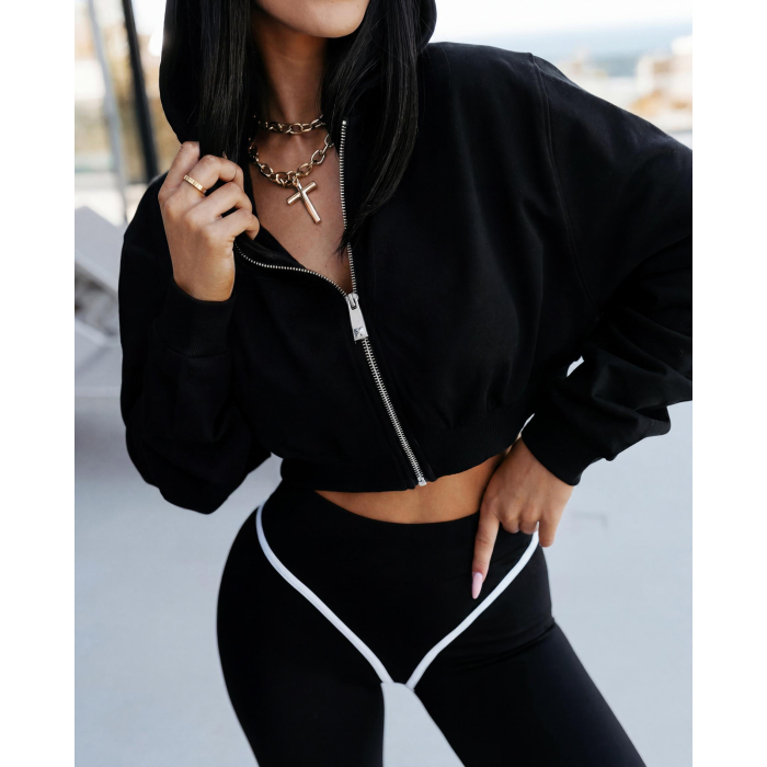 BLUZA DRESOWA DAMSKA Z KAPTUREM NA ZAMEK OLAVOGA PADSUI BLACK