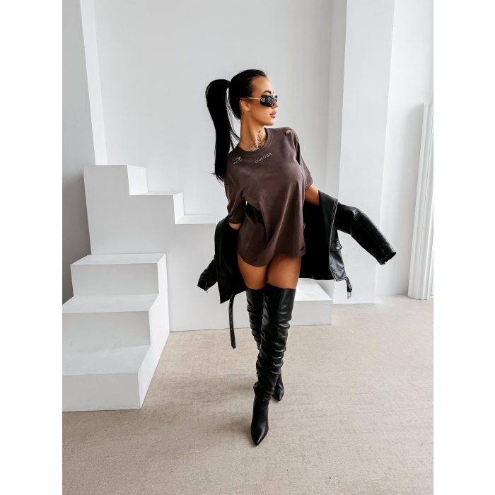BLUZKA T-SHIRT DAMSKI OVERSIZE DZIURY OLAVOGA ZOANCE BROWN