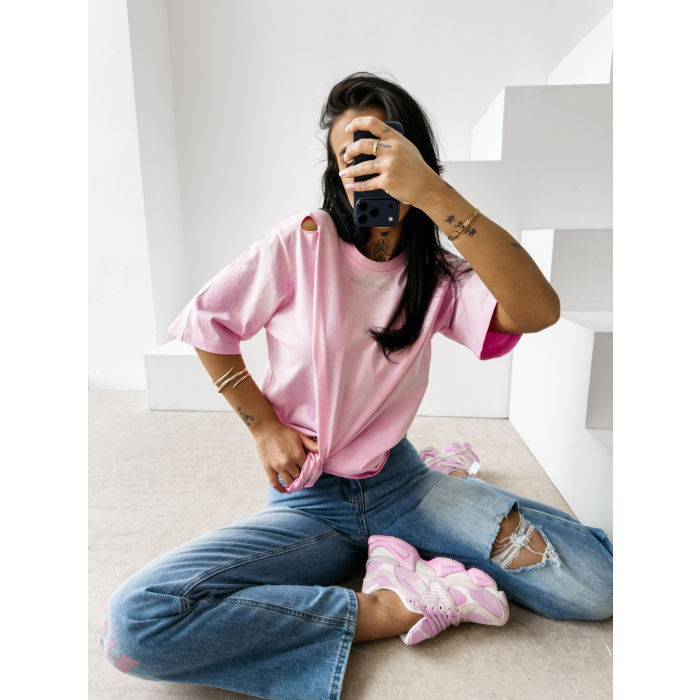 BLUZKA T-SHIRT DAMSKI OVERSIZE DZIURY OLAVOGA ZOANCE PINK