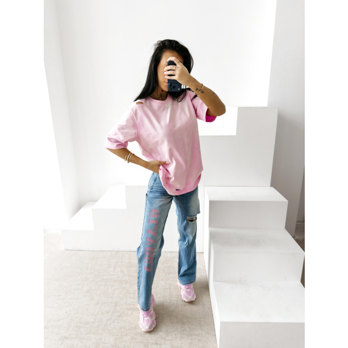 BLUZKA T-SHIRT DAMSKI OVERSIZE DZIURY OLAVOGA ZOANCE PINK