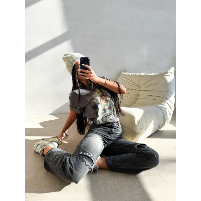 BLUZKA T-SHIRT DAMSKI OVERSIZE OLAVOGA EARNED GRAFIT