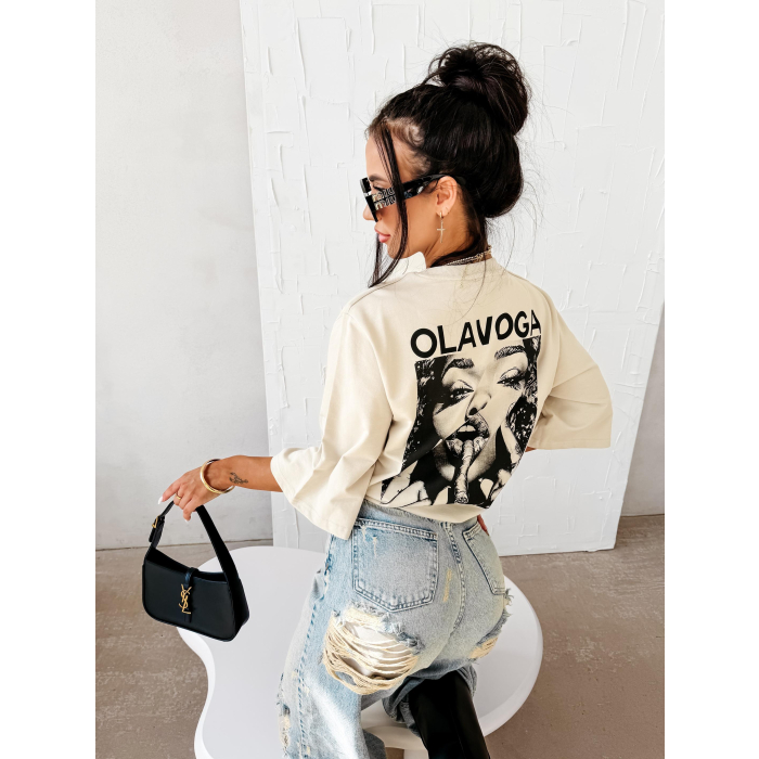 BLUZKA T-SHIRT DAMSKI OVERSIZE OLAVOGA FIOAGE BEIGE