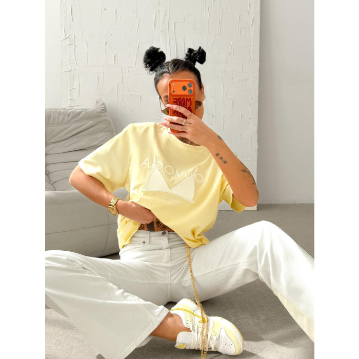 BLUZKA T-SHIRT DAMSKI OVERSIZE OLAVOGA PRINT BRAFITI YELLOW