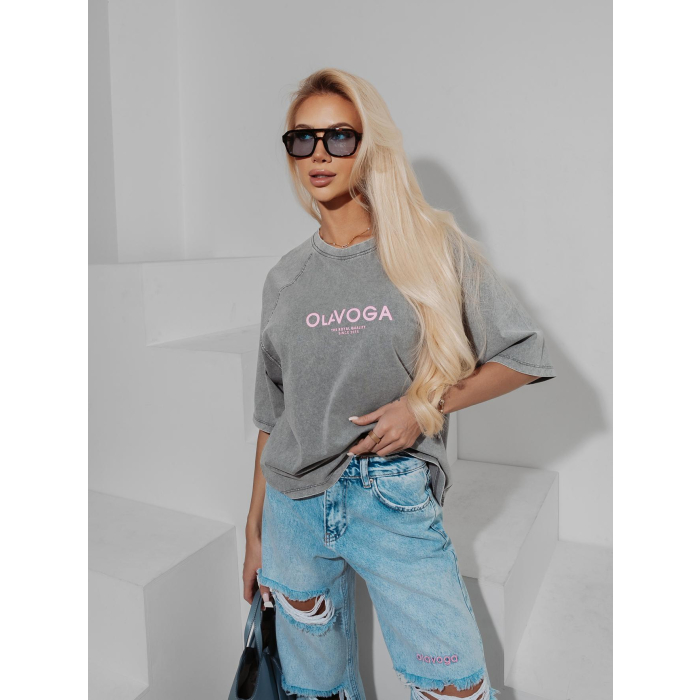 BLUZKA T-SHIRT DAMSKI OVERSIZE OLAVOGA TAIST LIGHT GRAY