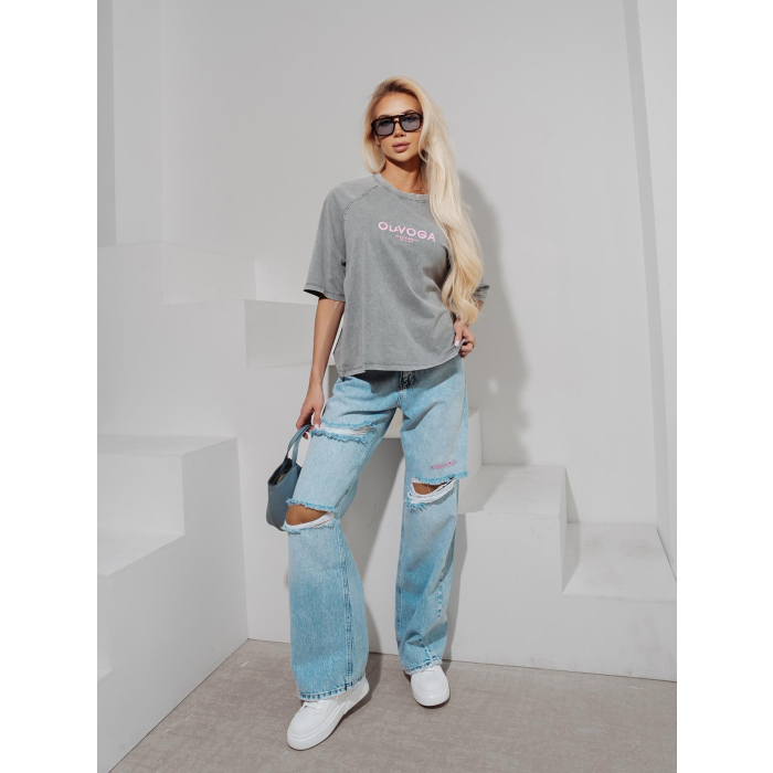 BLUZKA T-SHIRT DAMSKI OVERSIZE OLAVOGA TAIST LIGHT GRAY