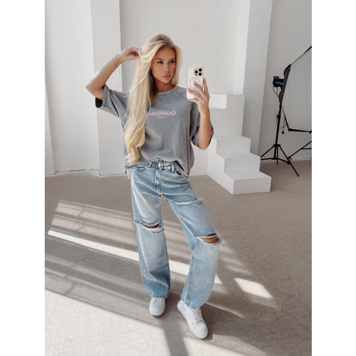 BLUZKA T-SHIRT DAMSKI OVERSIZE OLAVOGA TAIST LIGHT GRAY