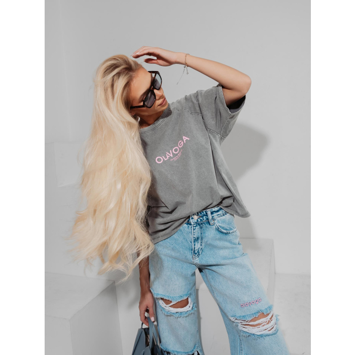 BLUZKA T-SHIRT DAMSKI OVERSIZE OLAVOGA TAIST LIGHT GRAY