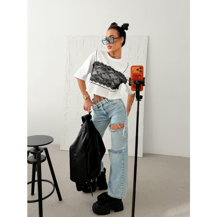 BLUZKA T-SHIRT DAMSKI OVERSIZE OLAVOGA VERLACE ECRU