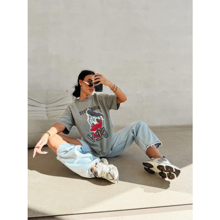 BLUZKA T-SHIRT DAMSKI OVERSIZE PRINT DONALD OLAVOGA MOSE LIGHT GRAY