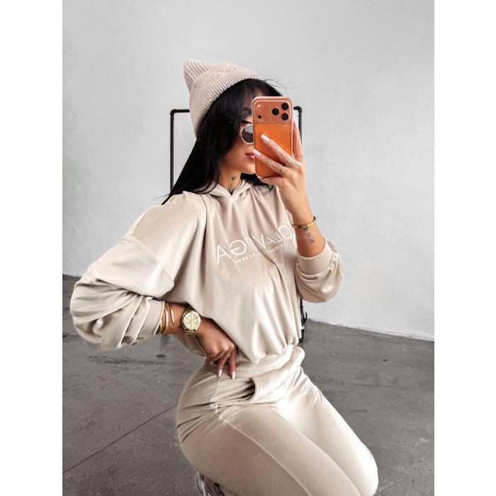 KOMPLET DRES DAMSKI BAWEŁNIANY OVERSIZE WELUROWY OLAVOGA HANDIES BEIGE