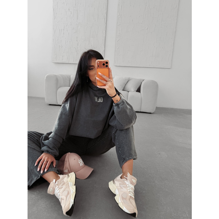 KOMPLET DRES DAMSKI BAWEŁNIANY OVERSIZE Z CEKINAMI OLAVOGA STONY GRAY