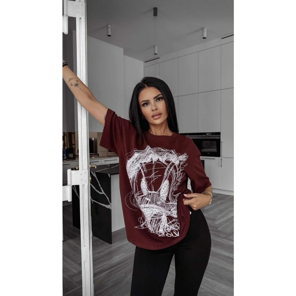BLUZKA T-SHIRT DAMSKI OVERSIZE DONALD CYRKONIE OLAVOGA MARA BORDO