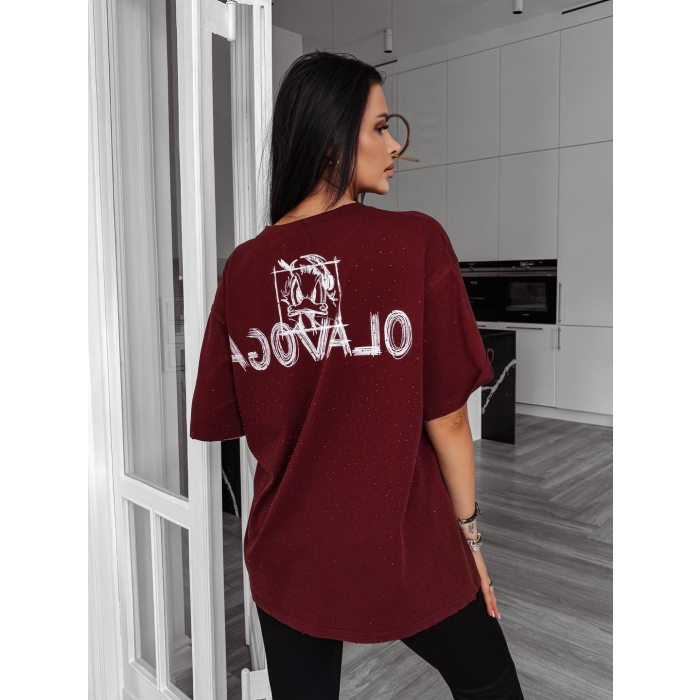 BLUZKA T-SHIRT DAMSKI OVERSIZE DONALD CYRKONIE OLAVOGA MARA BORDO