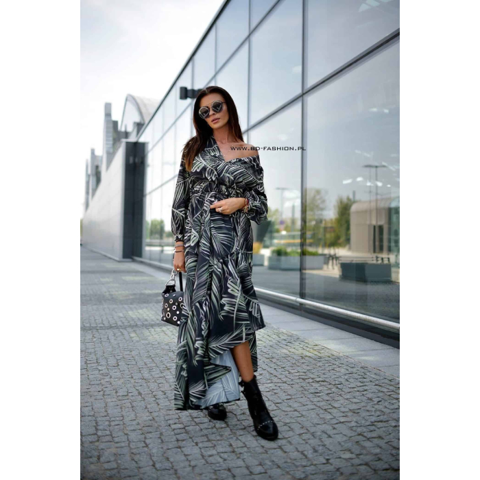 SUKIENKA AUTUMN FLOWERS LONG PRINT GREEN