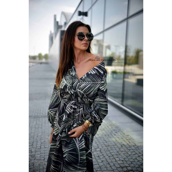 SUKIENKA AUTUMN FLOWERS LONG PRINT GREEN