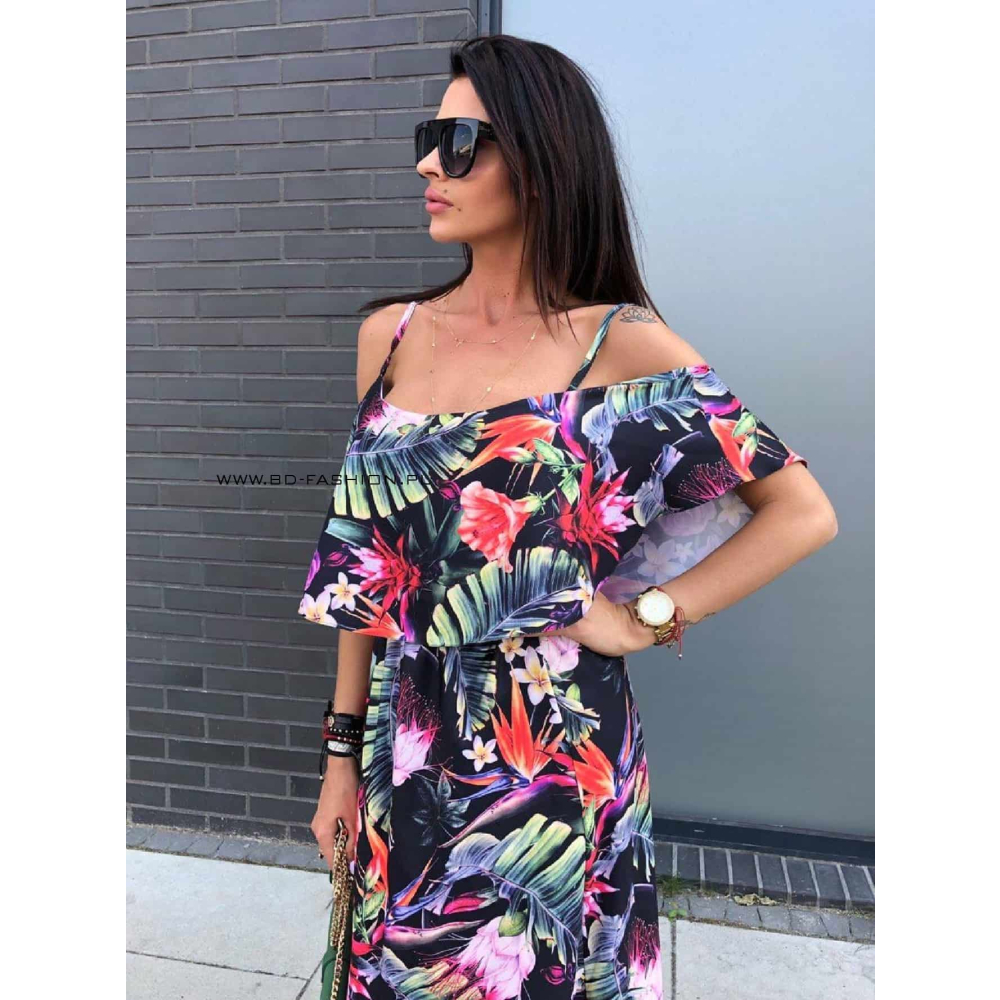 SUKIENKA MAXI STRAP FLOWER KAKTUS BLACK